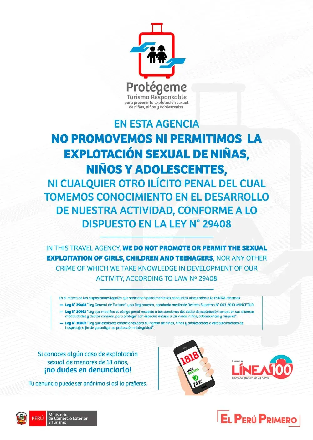 Afiche de turismo responsable contra la explotación sexual de niñas, niños y adolescentes en agencias de viajes