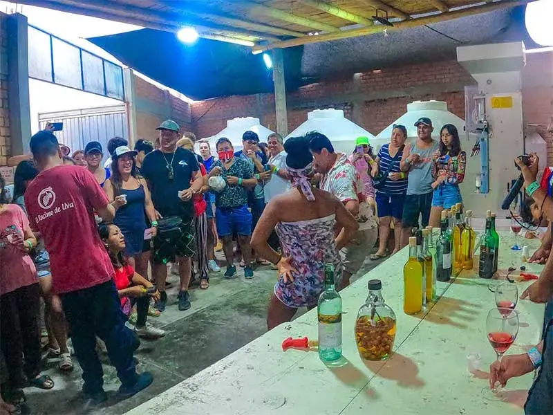 Turistas en degustación de vinos y piscos en Chincha durante el Tour 2 dias Paracas Ica con Hotel en Paracas desde Lima