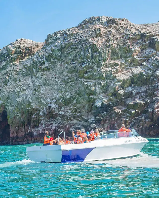 Deslizador turístico navegando frente a las Islas Ballestas durante el tour full day desde Lima