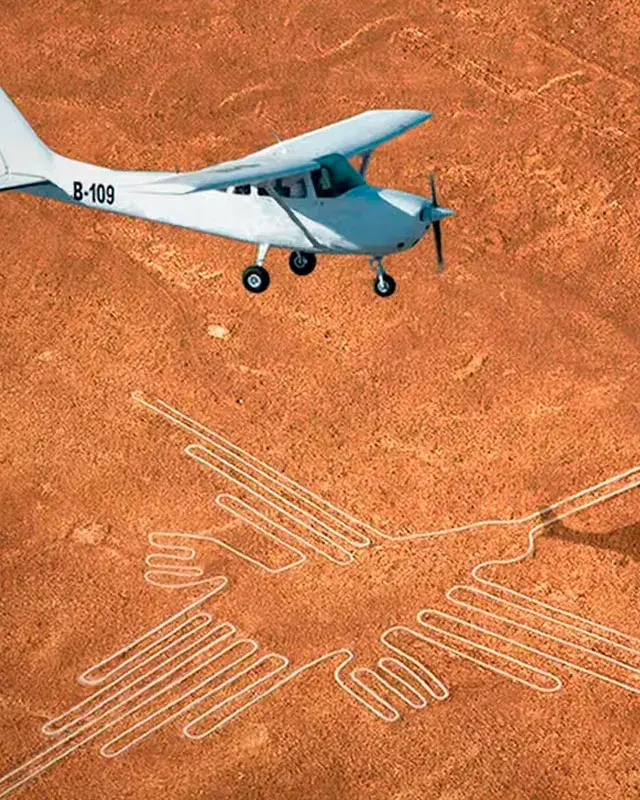 Un sobrevuelo Líneas de Nazca de AeroNasca (matrícula OB-1917) volando sobre el geoglifo del Alcatraz con sus distintivas alas en zigzag.